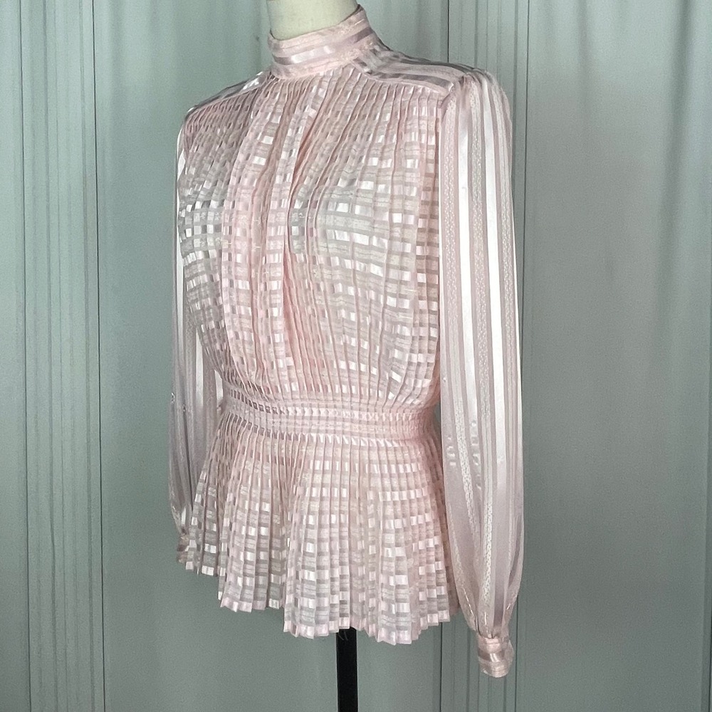 Vintage Nicola - Pink Striped Mock Neck Peplum Top Back Button Blouse - Size 4 - Picture 4 of 16